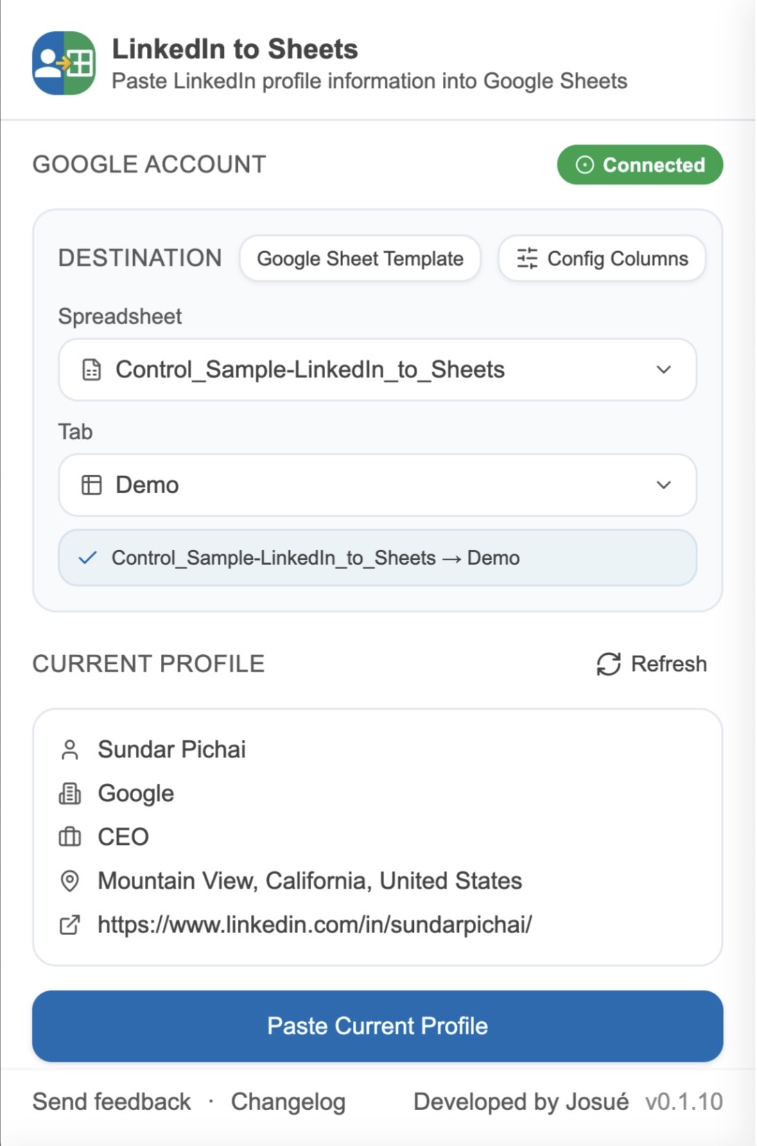 LinkedIn to Sheets extension popup interface